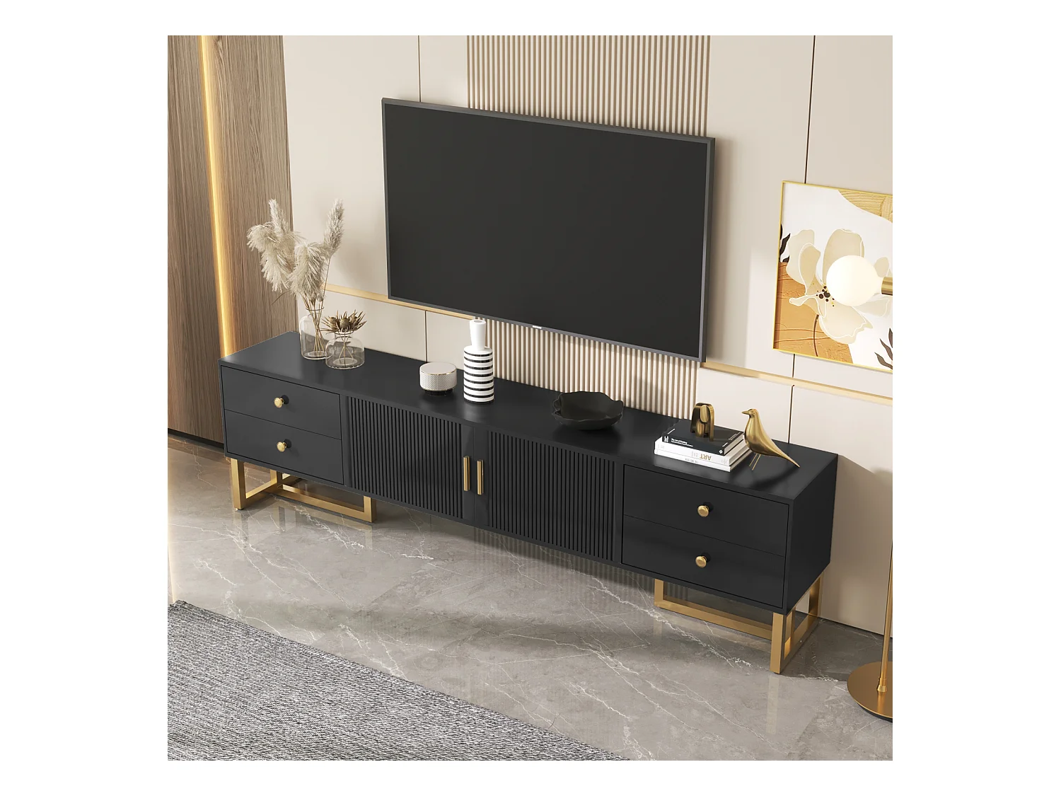Mueble TV bajo de 175 cm de largo con 4 cajones y puertas, mueble TV con patas de metal dorado, Color Negro