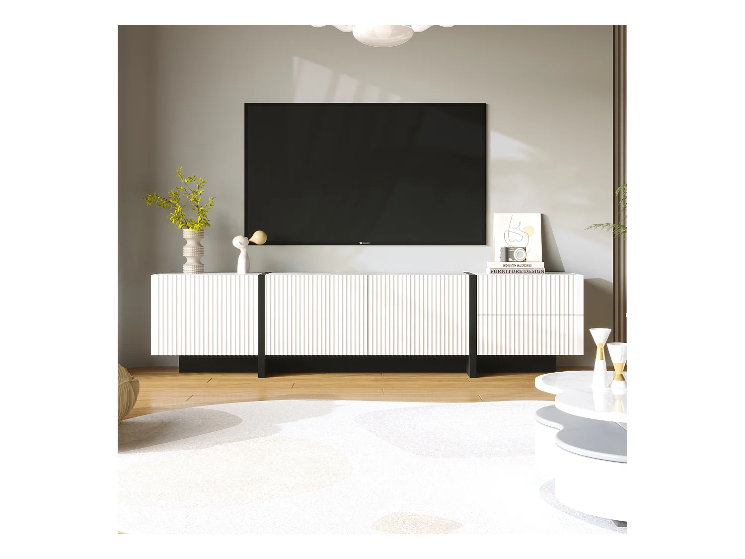 Meuble TV Blanc avec Plusieurs Rangements, Moderne Mat Vertical, Lignes Noir, 190 x35x45cm, Blanc
