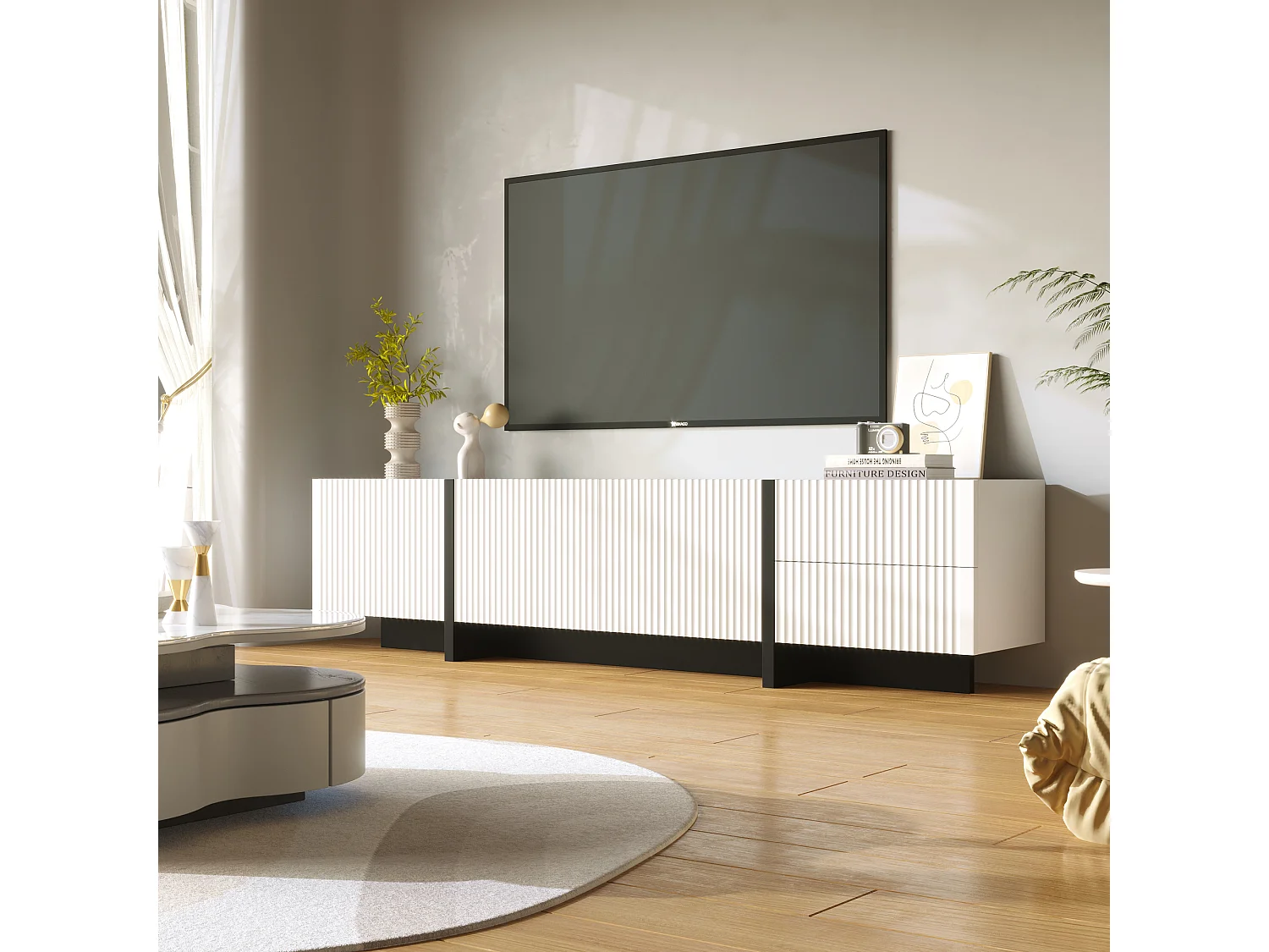 Meuble TV Blanc avec Plusieurs Rangements, Moderne Mat Vertical, Lignes Noir, 190 x35x45cm, Blanc