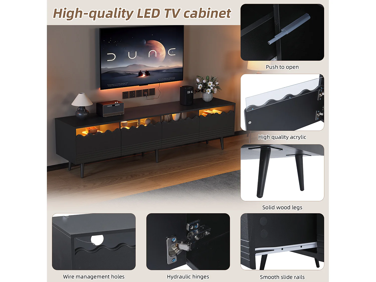 Móvel TV com iluminação LED - Móvel TV com 2 portas e 2 gavetas - Preto - 176 cm