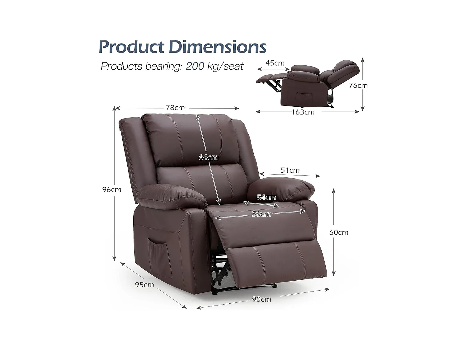 YODOLLA Relaxsessel mit Liegefunktion, ergonomischer Fernsehsessel bis 150kg belastbar, aus Kunstleder mit manueller Steuerung, Seitentaschen & Fußteil, Braun