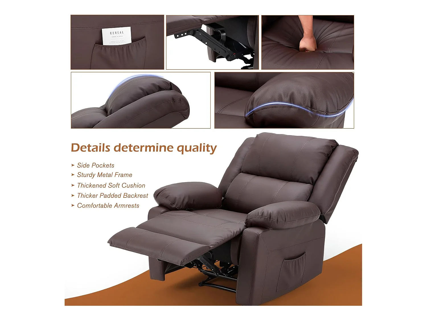 YODOLLA Relaxsessel mit Liegefunktion, ergonomischer Fernsehsessel bis 150kg belastbar, aus Kunstleder mit manueller Steuerung, Seitentaschen & Fußteil, Braun