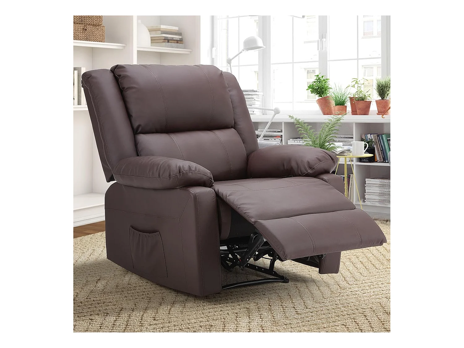 YODOLLA Relaxsessel mit Liegefunktion, ergonomischer Fernsehsessel bis 150kg belastbar, aus Kunstleder mit manueller Steuerung, Seitentaschen & Fußteil, Braun