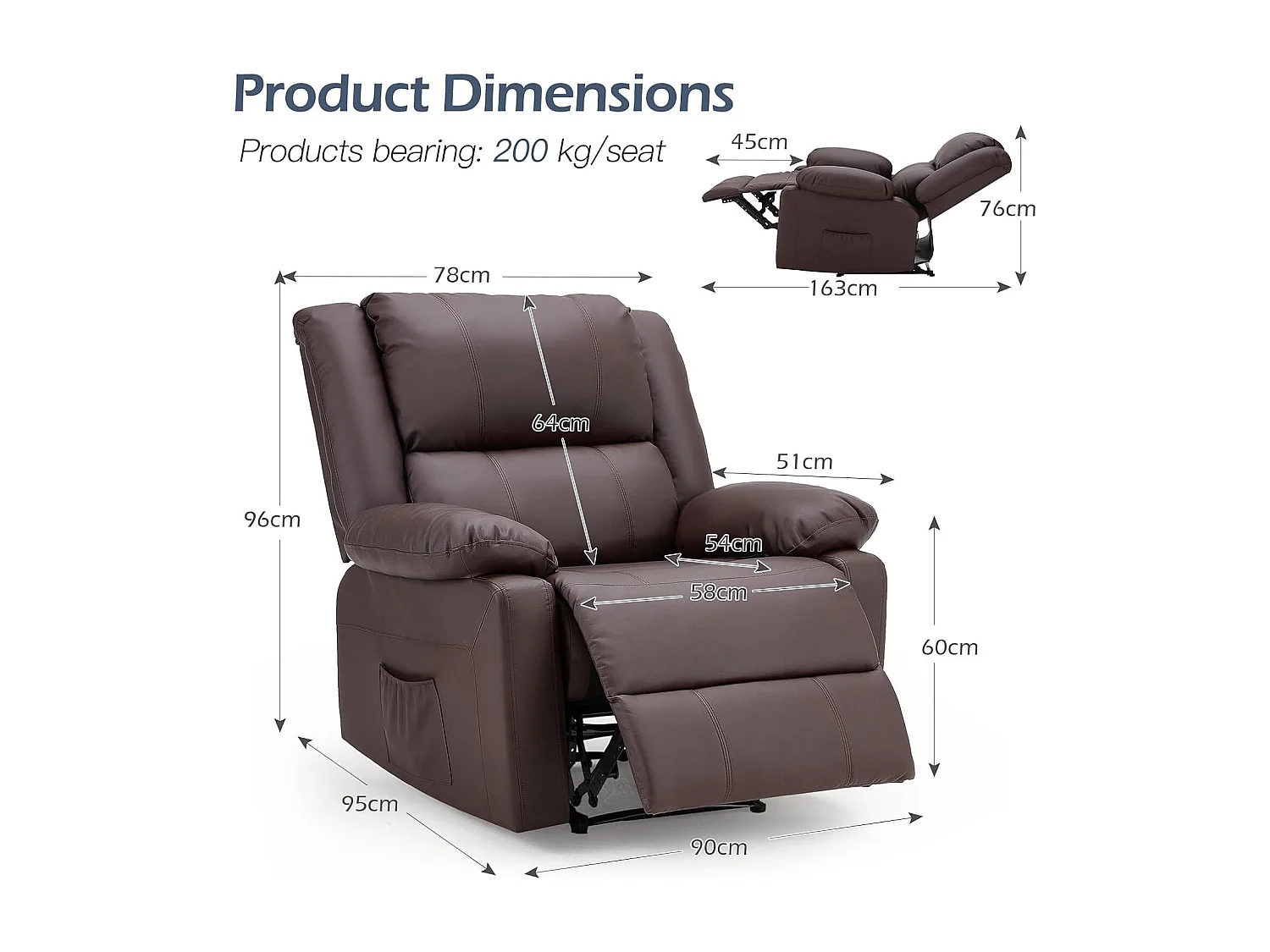 YODOLLA Relaxsessel mit Liegefunktion, ergonomischer Fernsehsessel bis 150kg belastbar, aus Kunstleder mit manueller Steuerung, Seitentaschen & Fußteil, Braun