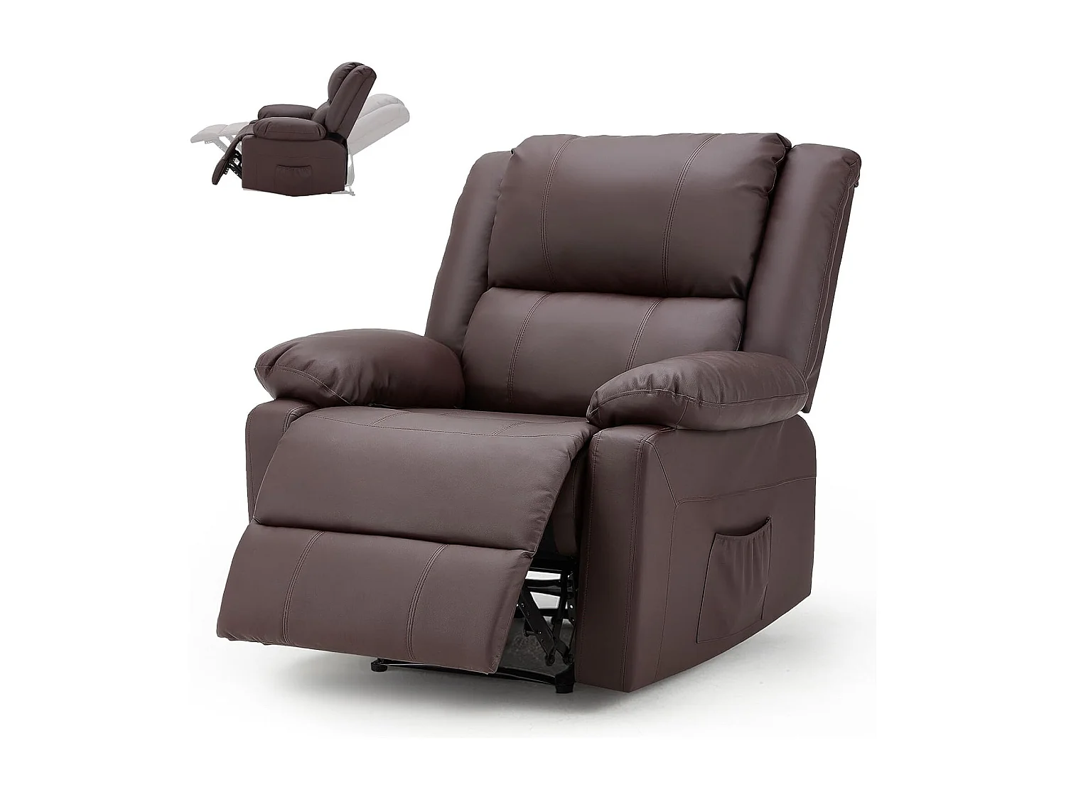 YODOLLA Relaxsessel mit Liegefunktion, ergonomischer Fernsehsessel bis 150kg belastbar, aus Kunstleder mit manueller Steuerung, Seitentaschen & Fußteil, Braun