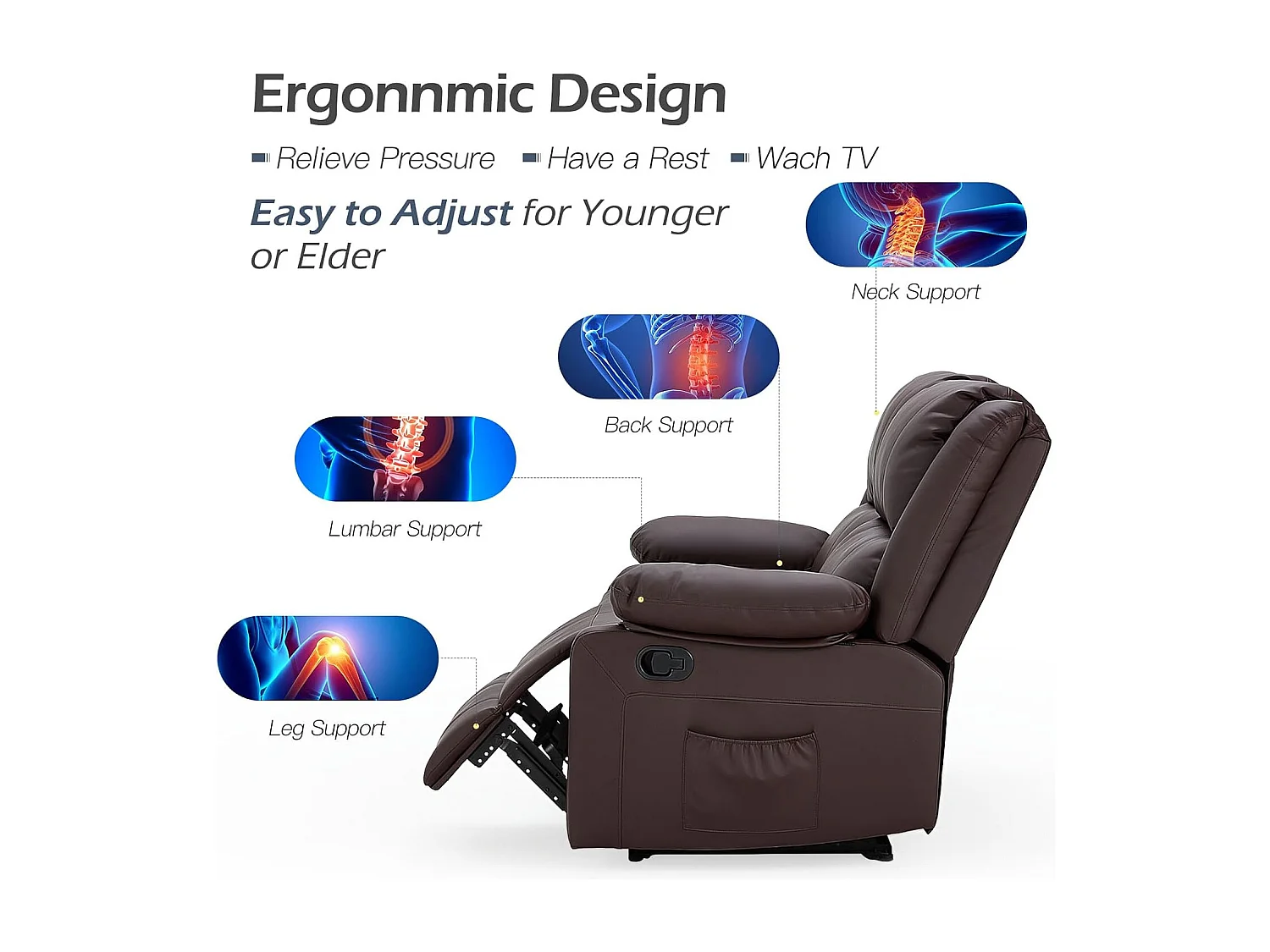 YODOLLA Relaxsessel mit Liegefunktion, ergonomischer Fernsehsessel bis 150kg belastbar, aus Kunstleder mit manueller Steuerung, Seitentaschen & Fußteil, Braun