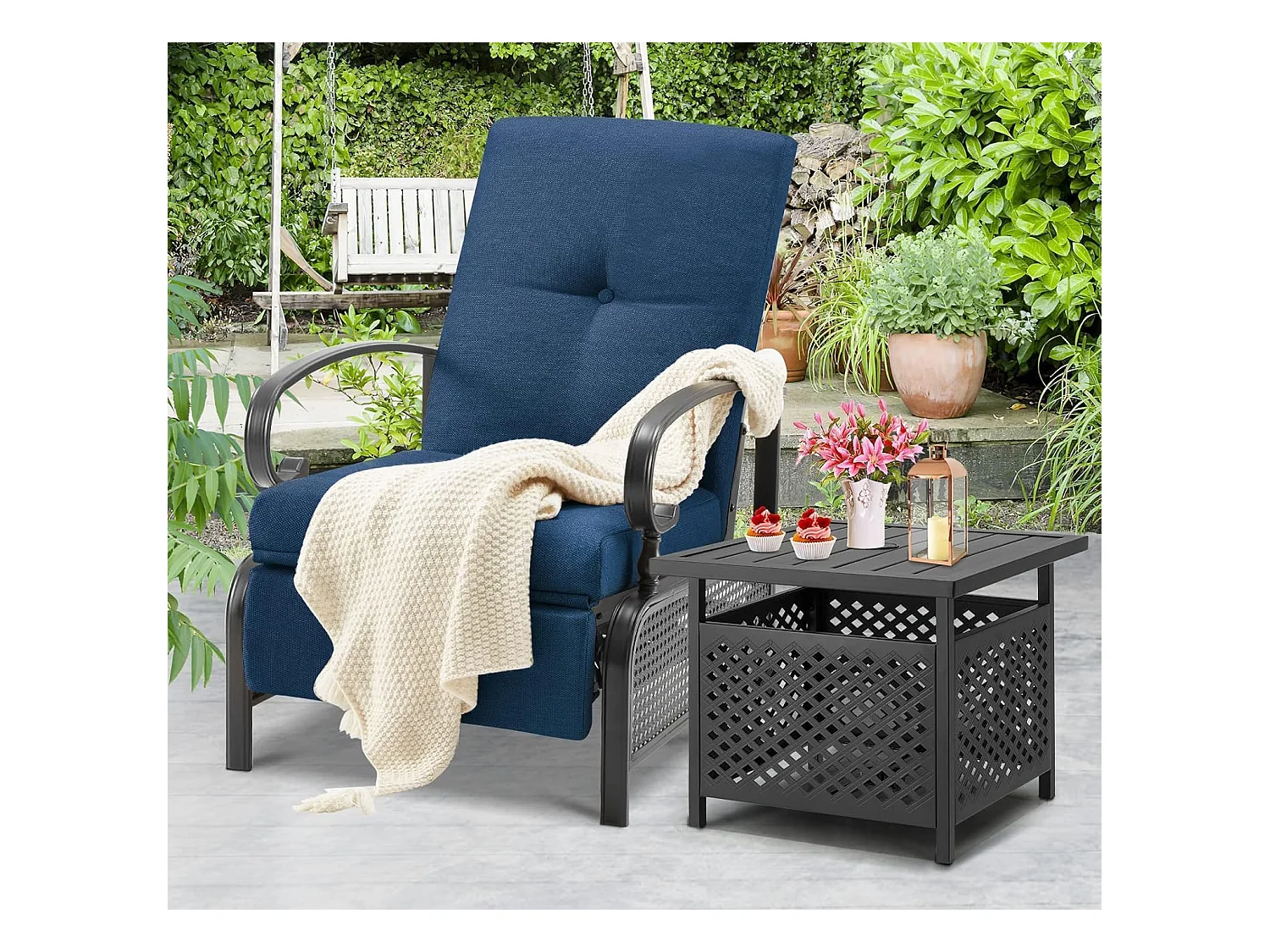 YODOLLA Verstellbarer Liegestuhl Gartenliege aus Metall für Terrasse, Garten, Pool & Außenbereich (Marineblau)