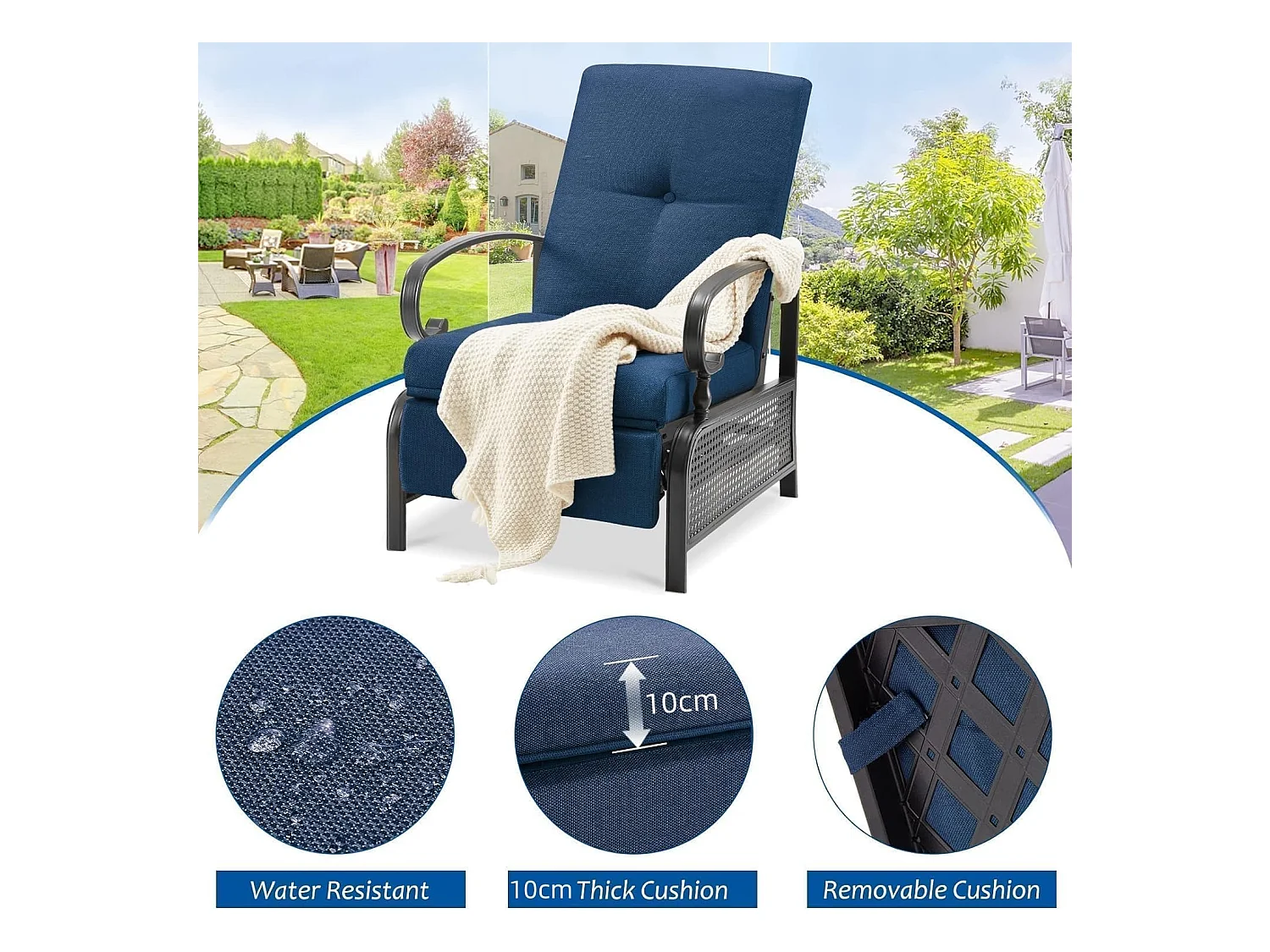 YODOLLA Verstellbarer Liegestuhl Gartenliege aus Metall für Terrasse, Garten, Pool & Außenbereich (Marineblau)