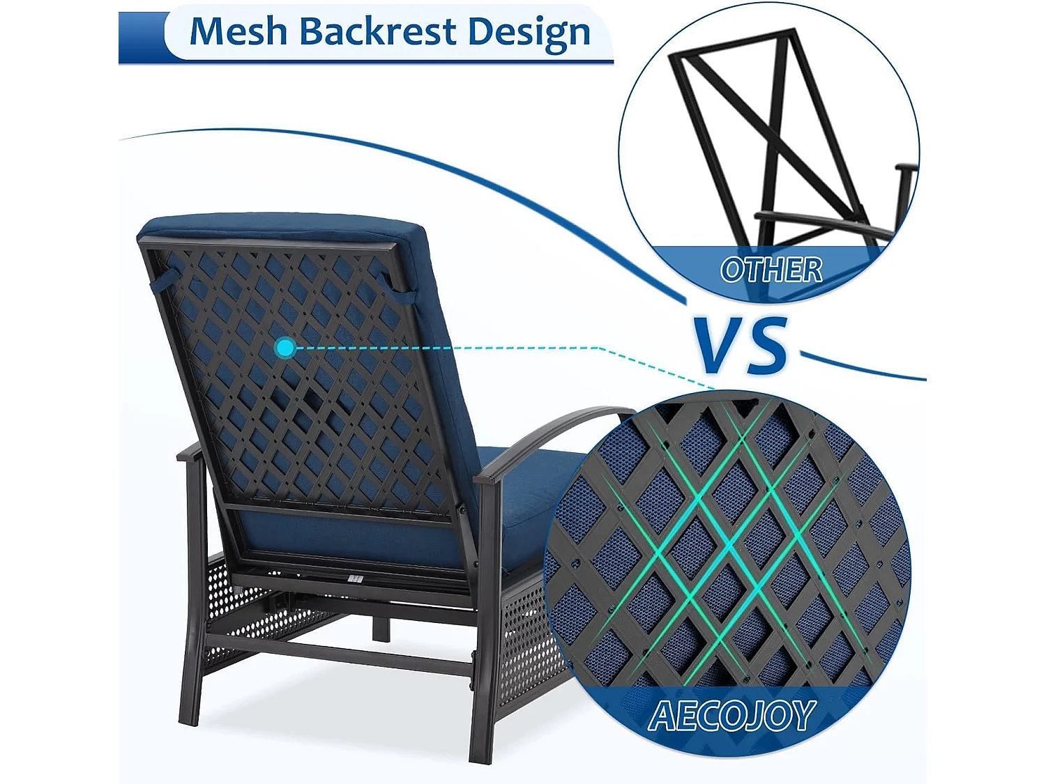 YODOLLA Verstellbarer Liegestuhl Gartenliege aus Metall für Terrasse, Garten, Pool & Außenbereich (Marineblau)