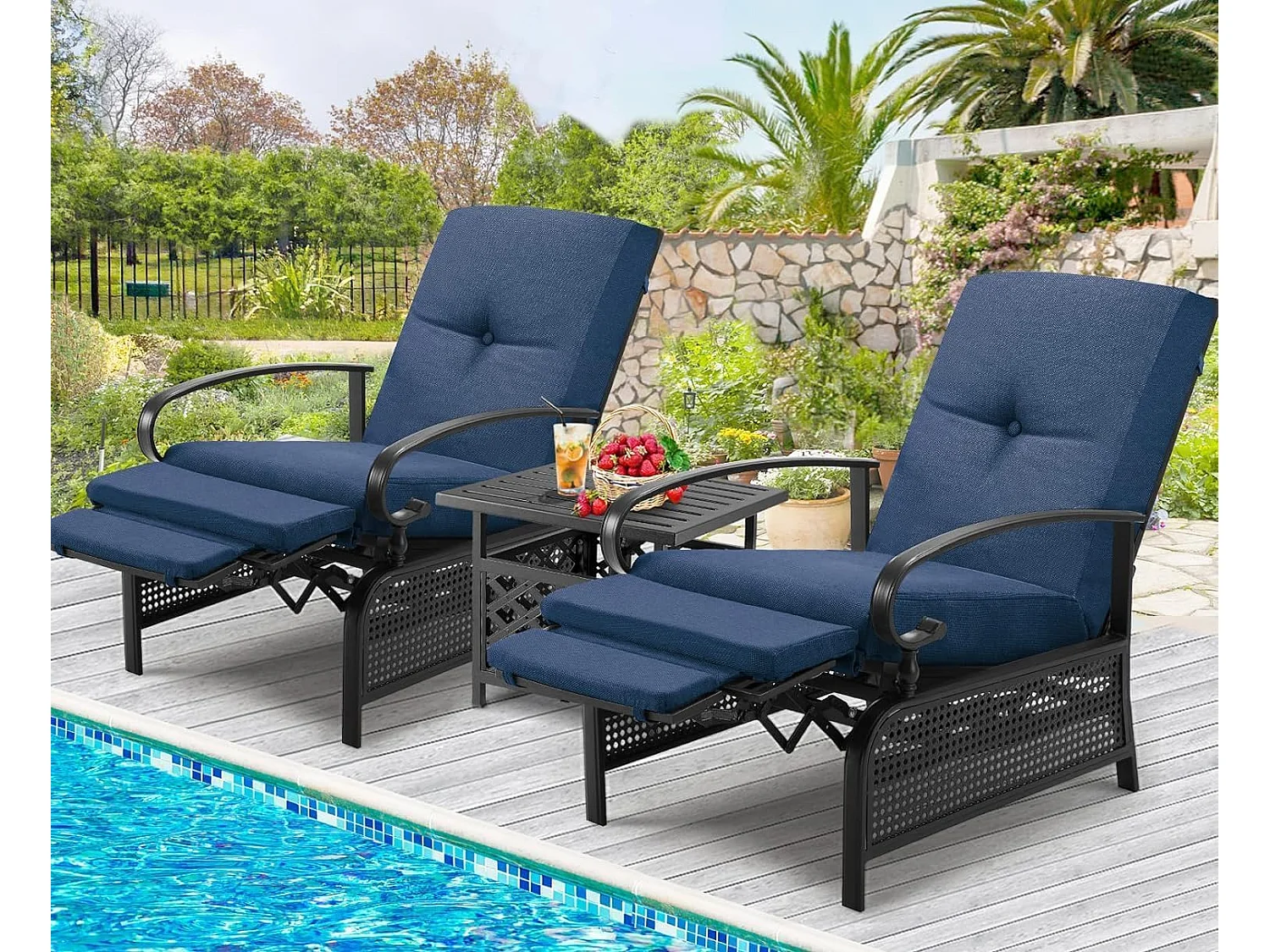 YODOLLA Verstellbarer Liegestuhl Gartenliege aus Metall für Terrasse, Garten, Pool & Außenbereich (Marineblau)