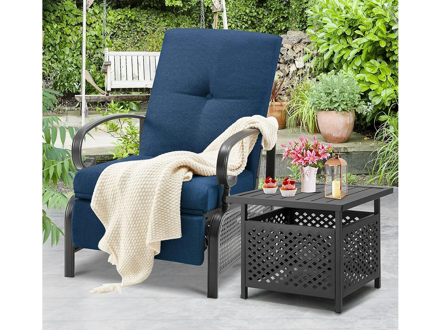 YODOLLA Verstellbarer Liegestuhl Gartenliege aus Metall für Terrasse, Garten, Pool & Außenbereich (Marineblau)