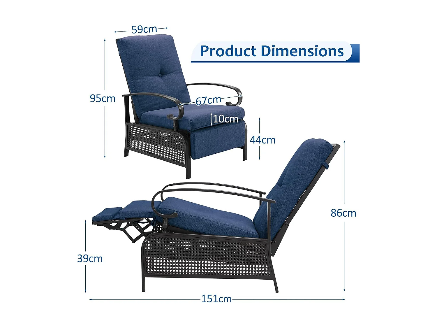 YODOLLA Verstellbarer Liegestuhl Gartenliege aus Metall für Terrasse, Garten, Pool & Außenbereich (Marineblau)