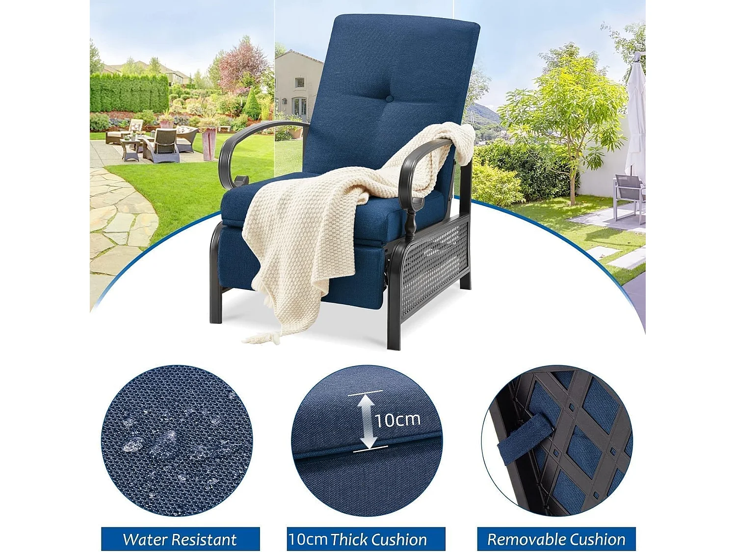 YODOLLA Verstellbarer Liegestuhl Gartenliege aus Metall für Terrasse, Garten, Pool & Außenbereich (Marineblau)