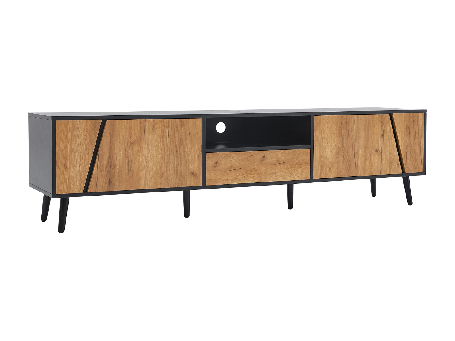 MeubleTV Bois et Noir, 2 Portes et Compartiments Ouverts, Banc TV Charge 50kg, 180 x40x46 cm