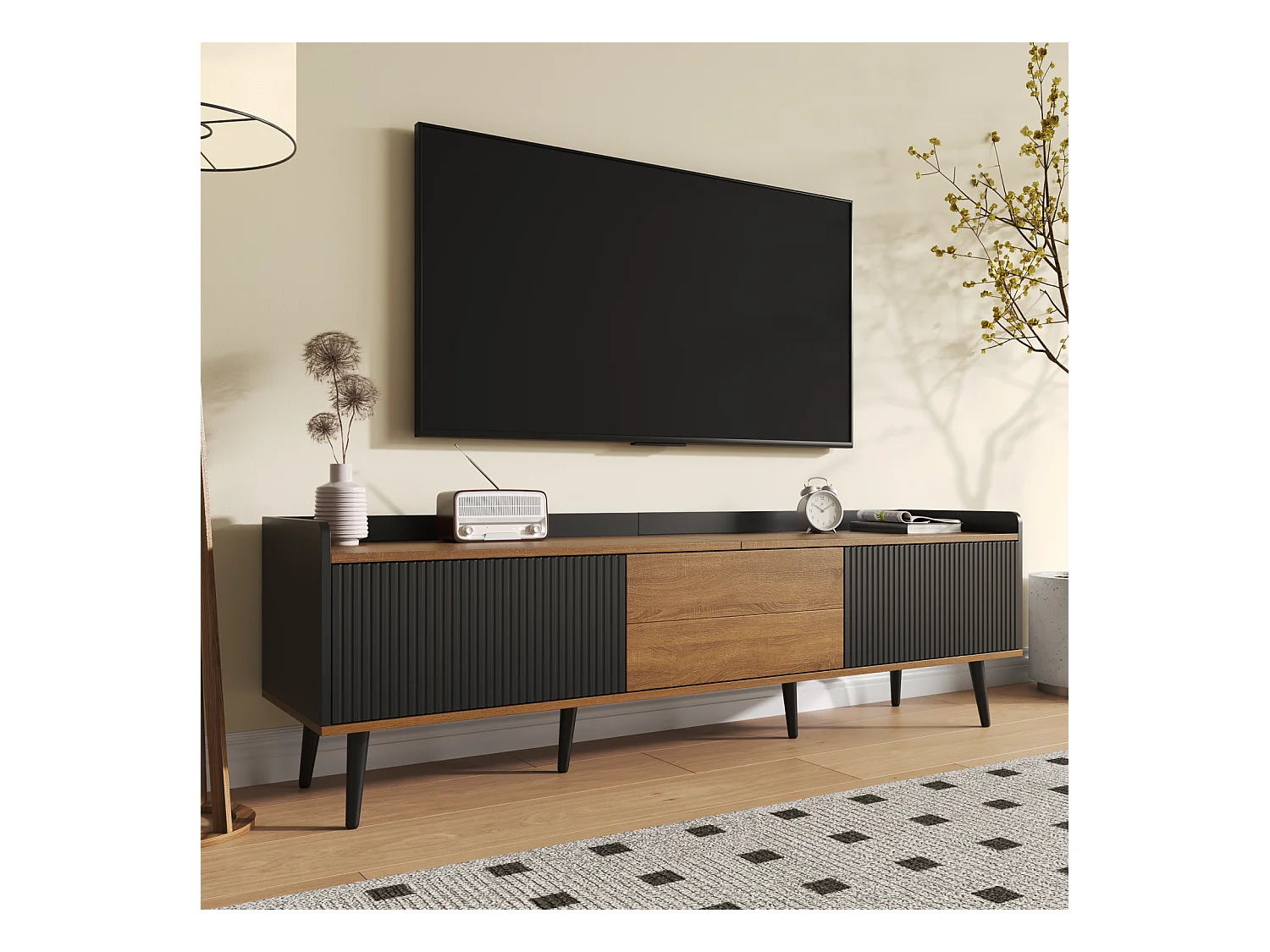Mueble de TV de 160 cm, aparador bajo de 3 puertas con estante, mueble de TV moderno para salón, color negro