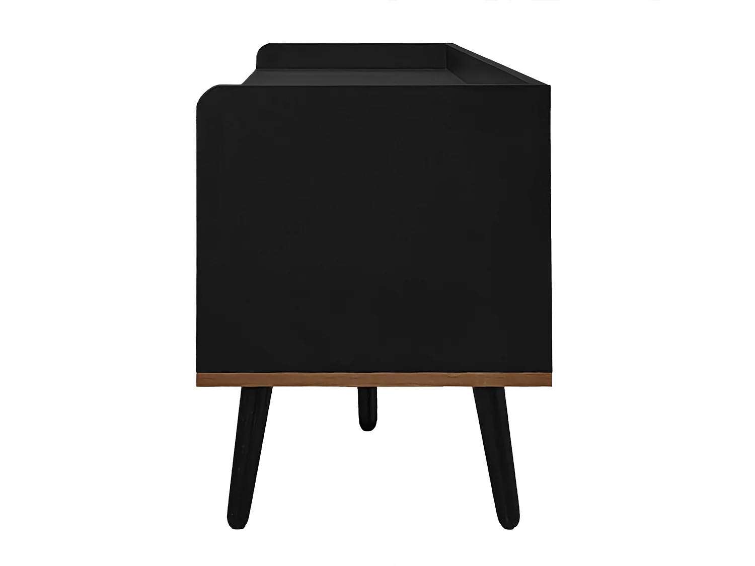 Móvel de TV moderno com 3 portas, armário baixo em preto e acabamento em madeira natural, 160x39x49,5cm