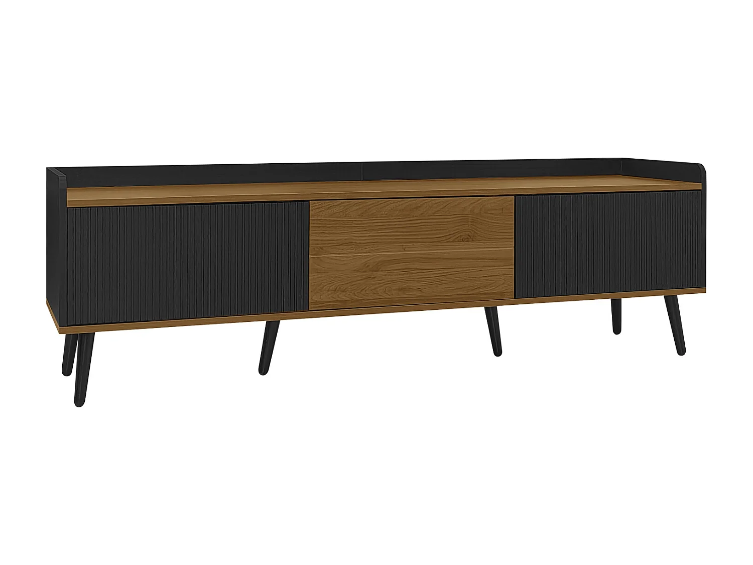 Móvel de TV moderno com 3 portas, armário baixo em preto e acabamento em madeira natural, 160x39x49,5cm