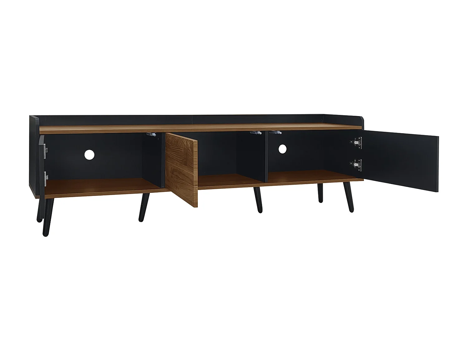 Móvel de TV moderno com 3 portas, armário baixo em preto e acabamento em madeira natural, 160x39x49,5cm
