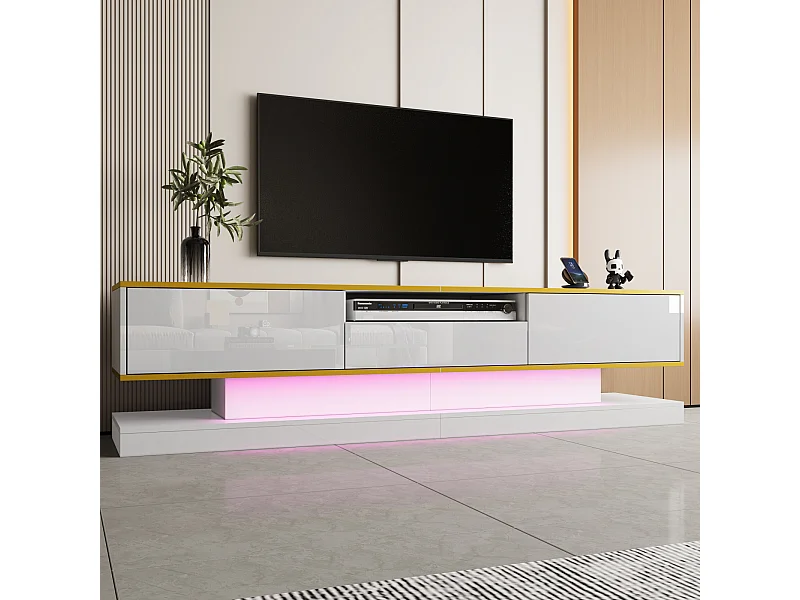 Meuble TV Moderne 180 * 38 * 45 cm, avec Trois tiroirs et Un Compartiment Ouvert, avec LED, Blanc