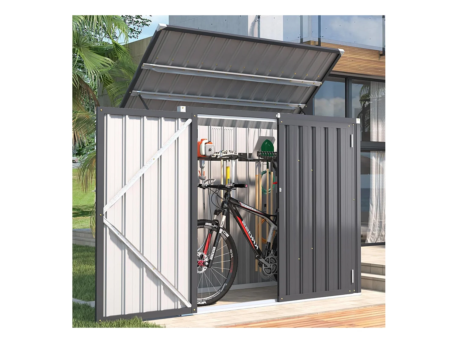 YODOLLA Outdoor Mülltonnenbox mit Gasdruckfeder, Wetterfest Gerätehaus Abschließbar Gartenschuppen für den Außenbereich, 150 x 80 x 117cm, 1300L (Dunkelgrau)