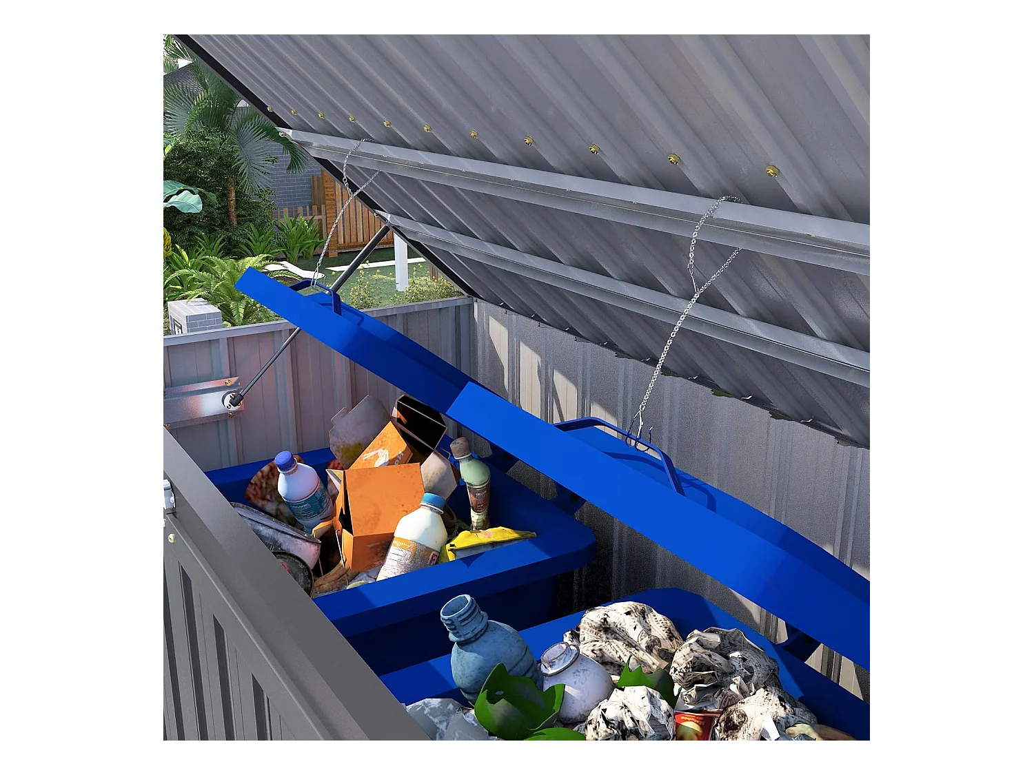 YODOLLA Outdoor Mülltonnenbox mit Gasdruckfeder, Wetterfest Gerätehaus Abschließbar Gartenschuppen für den Außenbereich, 150 x 80 x 117cm, 1300L (Dunkelgrau)