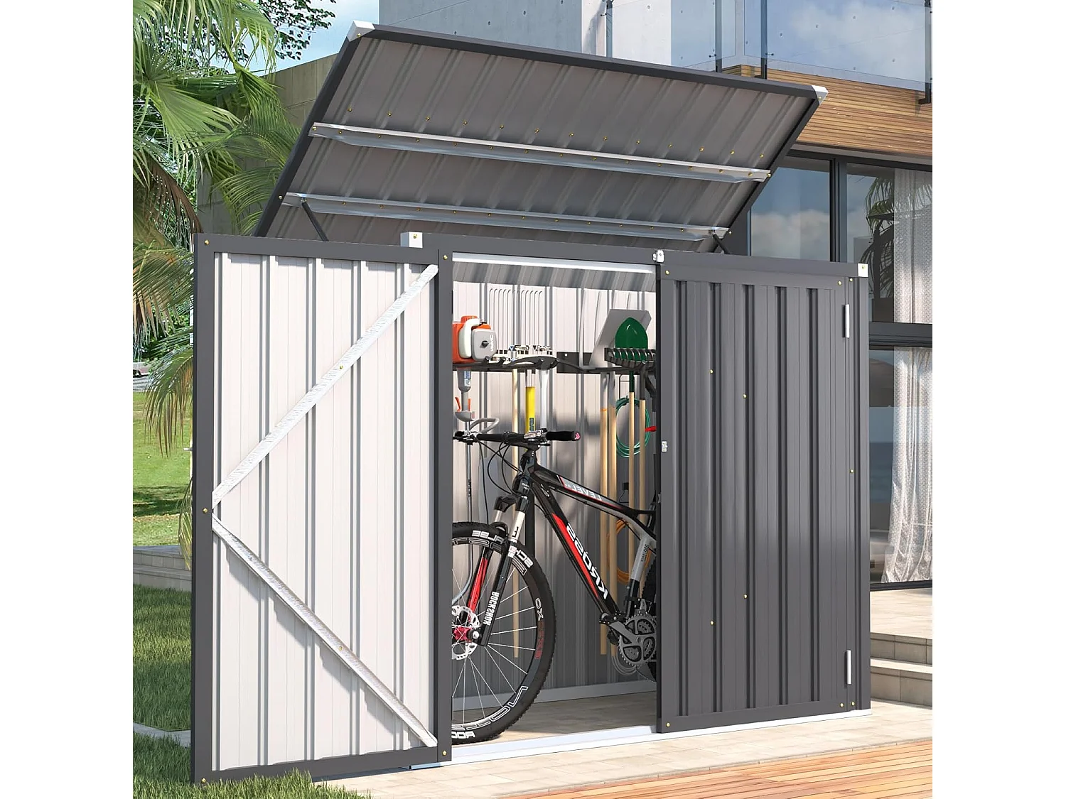 YODOLLA Outdoor Mülltonnenbox mit Gasdruckfeder, Wetterfest Gerätehaus Abschließbar Gartenschuppen für den Außenbereich, 150 x 80 x 117cm, 1300L (Dunkelgrau)