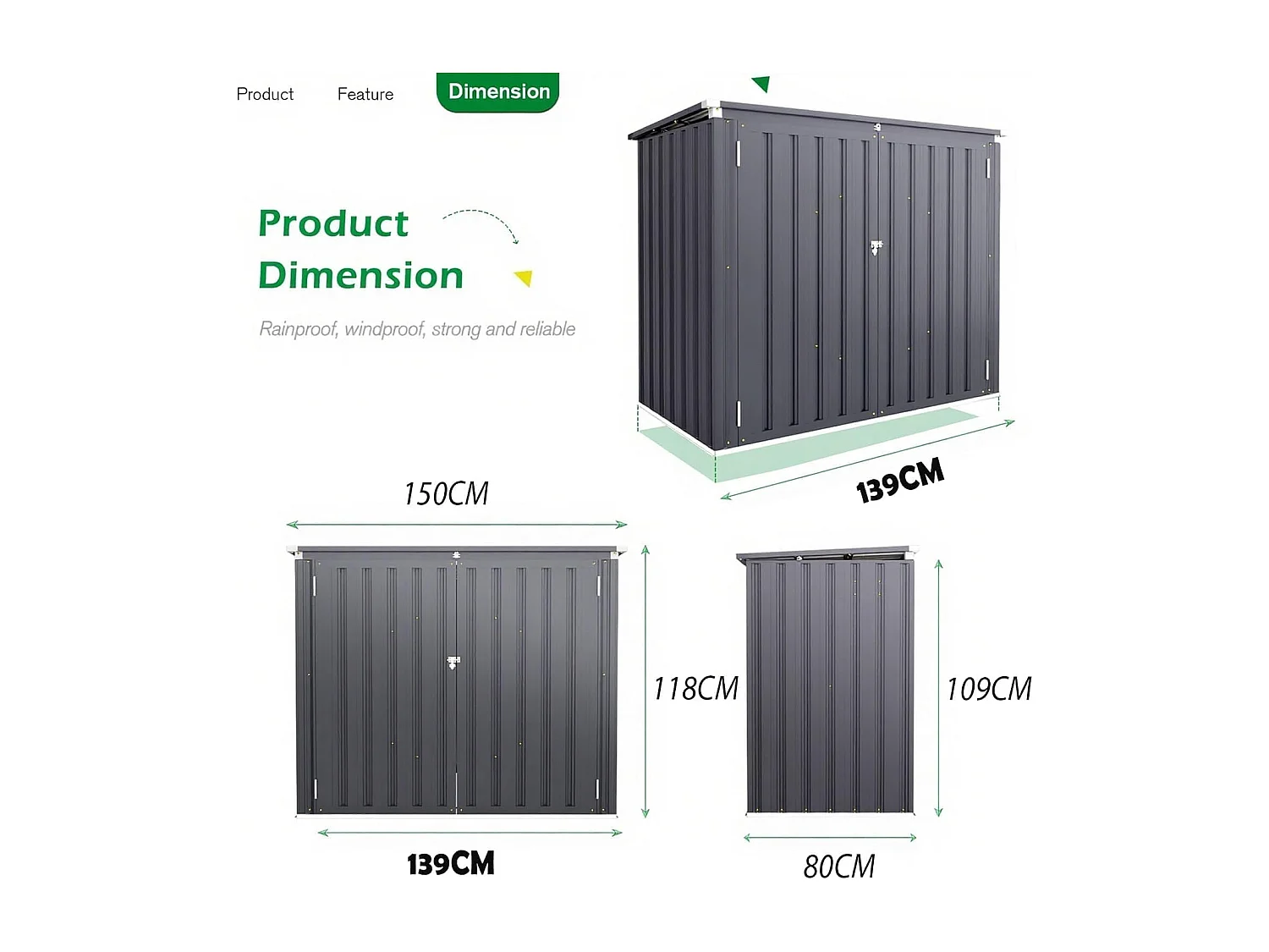 YODOLLA Outdoor Mülltonnenbox mit Gasdruckfeder, Wetterfest Gerätehaus Abschließbar Gartenschuppen für den Außenbereich, 150 x 80 x 117cm, 1300L (Dunkelgrau)