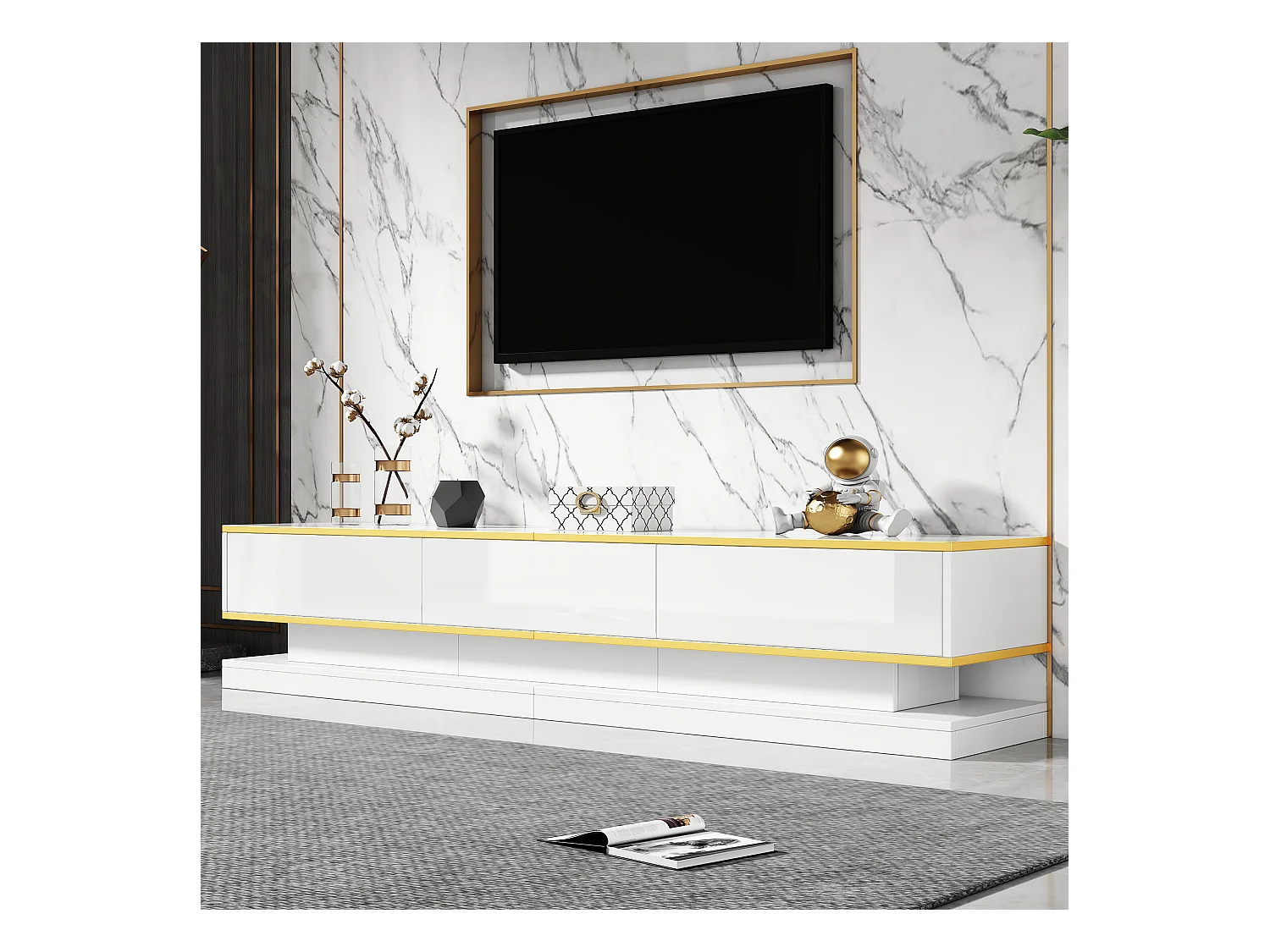 Mueble de TV - 200x40x40cm - Mueble bajo con 3 cajones - Brillo - Salón con almacenaje, Blanco