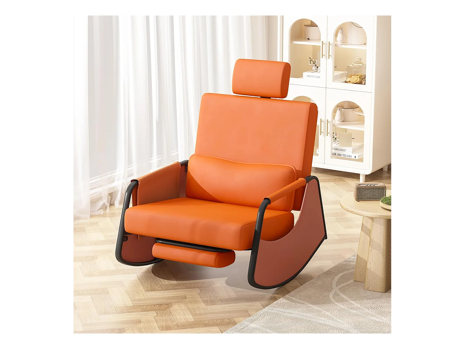 YODOLLA Schaukelstuhl mit 3-fach verstellbarer Rückenlehne, einziehbarer Fußstütze & Kopfstütze, Seitentasche, Orange Lede