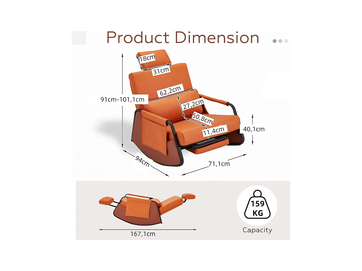 YODOLLA Schaukelstuhl mit 3-fach verstellbarer Rückenlehne, einziehbarer Fußstütze & Kopfstütze, Seitentasche, Orange Lede