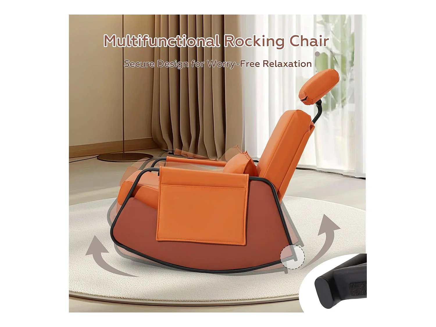 YODOLLA Schaukelstuhl mit 3-fach verstellbarer Rückenlehne, einziehbarer Fußstütze & Kopfstütze, Seitentasche, Orange Lede