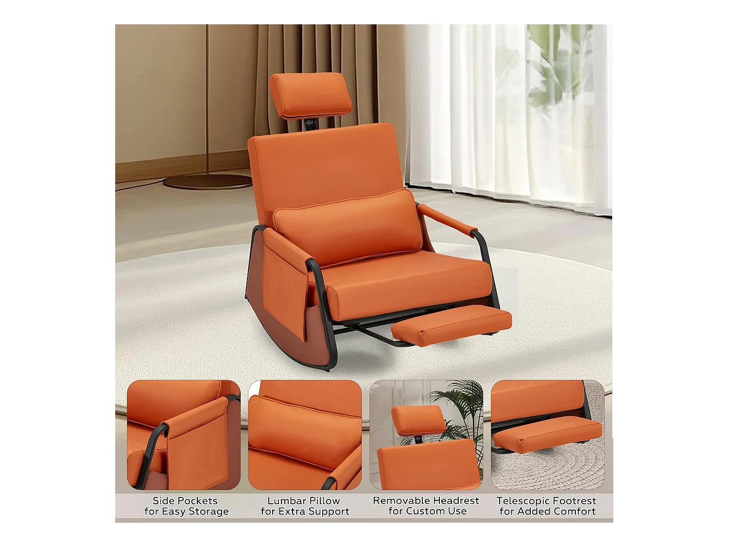 YODOLLA Schaukelstuhl mit 3-fach verstellbarer Rückenlehne, einziehbarer Fußstütze & Kopfstütze, Seitentasche, Orange Lede