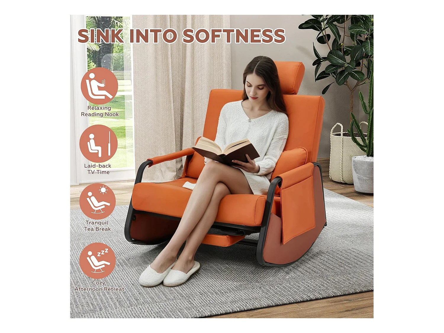 YODOLLA Schaukelstuhl mit 3-fach verstellbarer Rückenlehne, einziehbarer Fußstütze & Kopfstütze, Seitentasche, Orange Lede