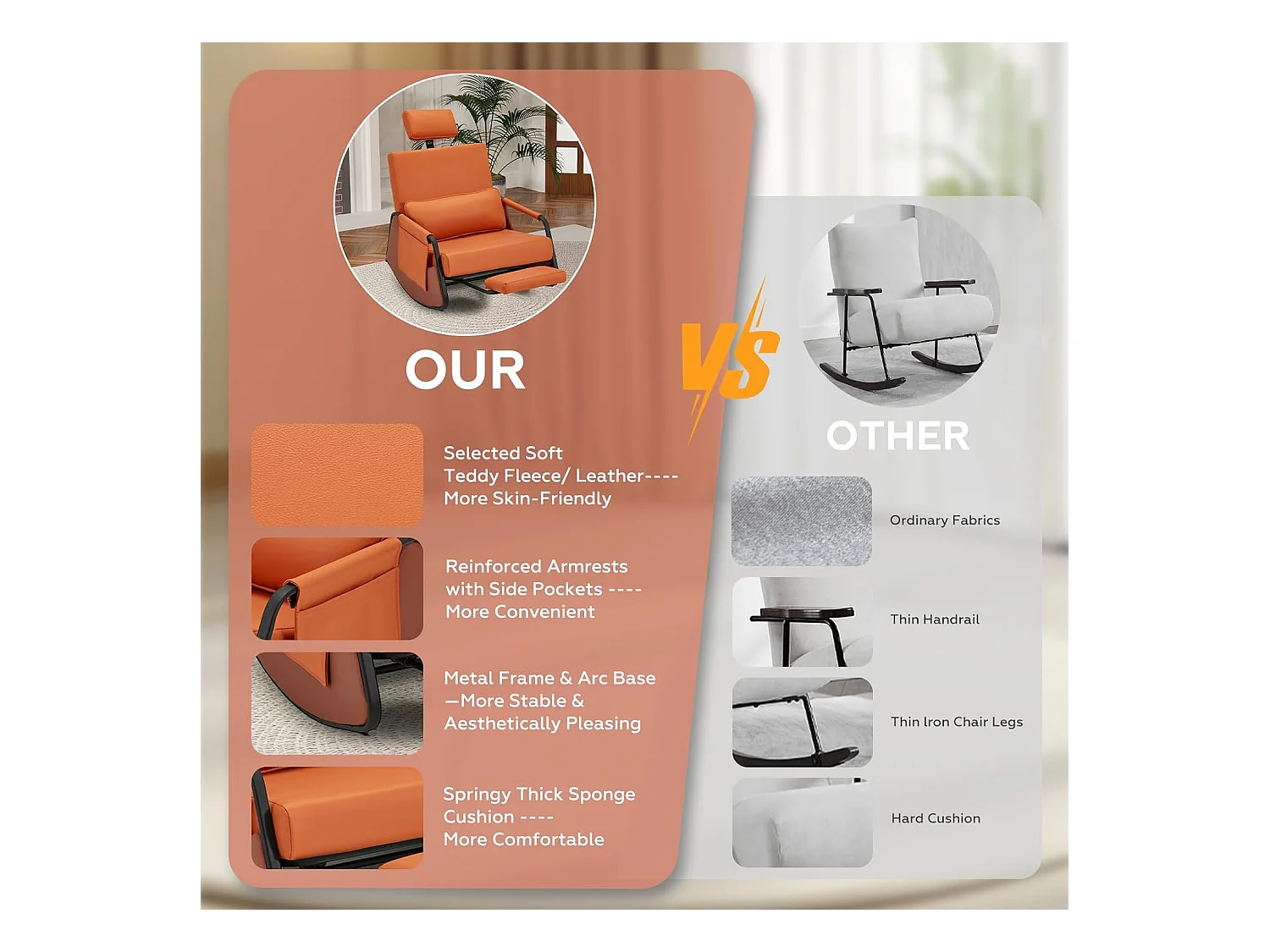 YODOLLA Schaukelstuhl mit 3-fach verstellbarer Rückenlehne, einziehbarer Fußstütze & Kopfstütze, Seitentasche, Orange Lede