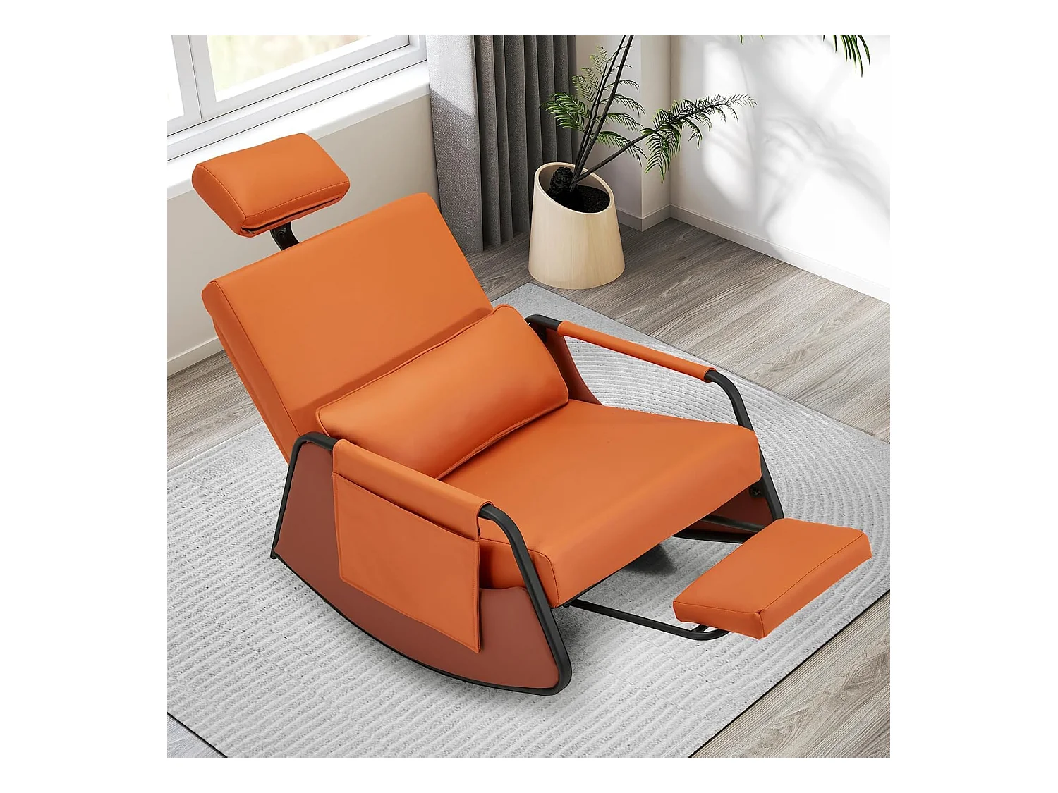 YODOLLA Schaukelstuhl mit 3-fach verstellbarer Rückenlehne, einziehbarer Fußstütze & Kopfstütze, Seitentasche, Orange Lede