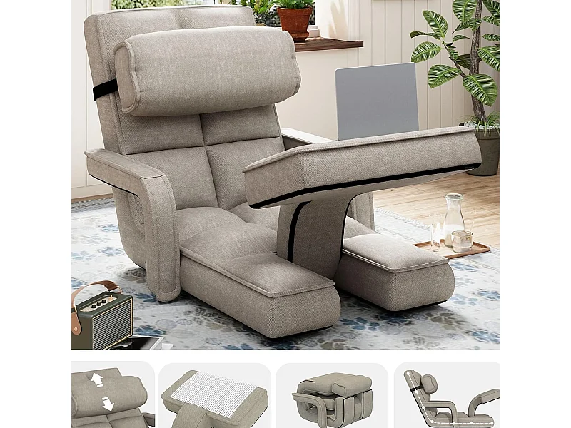 YODOLLA Verstellbarer Bodenstuhl mit Armlehnen, zusammenklappbar mit Kissen & Fußstütze für Schlafzimmer, Büro und Zuhause, Beige