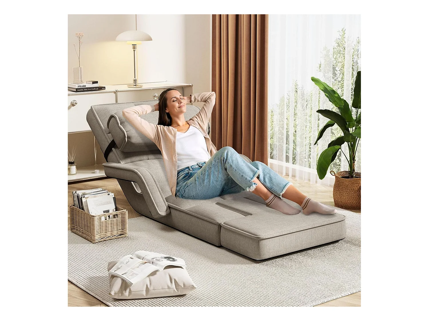 YODOLLA Verstellbarer Bodenstuhl mit Armlehnen, zusammenklappbar mit Kissen & Fußstütze für Schlafzimmer, Büro und Zuhause, Beige