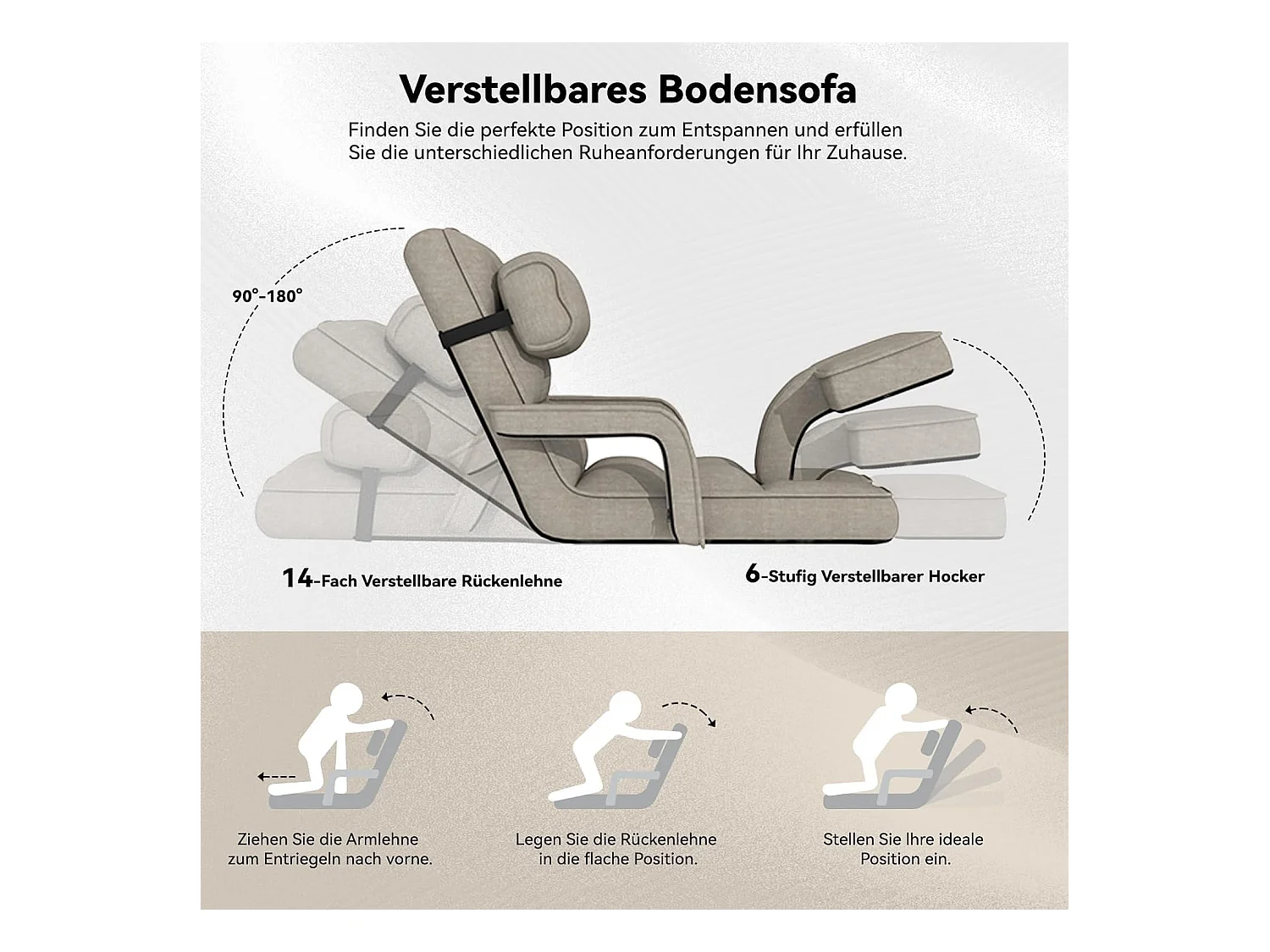 YODOLLA Verstellbarer Bodenstuhl mit Armlehnen, zusammenklappbar mit Kissen & Fußstütze für Schlafzimmer, Büro und Zuhause, Beige