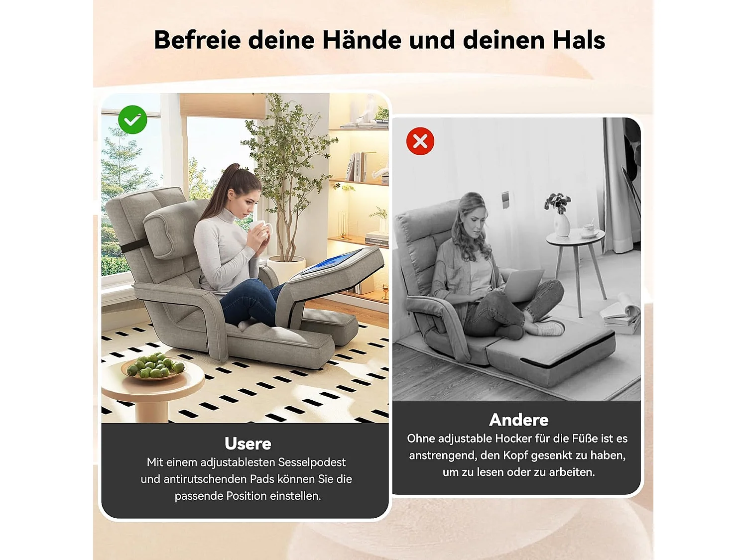 YODOLLA Verstellbarer Bodenstuhl mit Armlehnen, zusammenklappbar mit Kissen & Fußstütze für Schlafzimmer, Büro und Zuhause, Beige