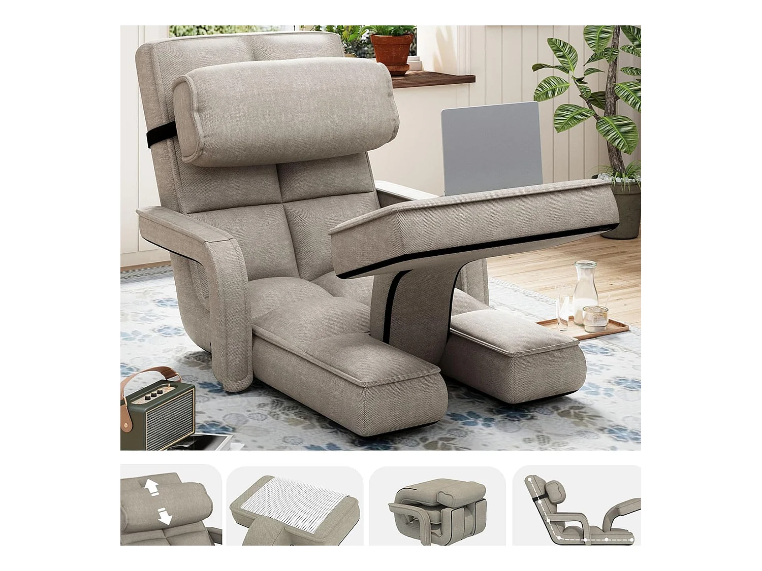 YODOLLA Verstellbarer Bodenstuhl mit Armlehnen, zusammenklappbar mit Kissen & Fußstütze für Schlafzimmer, Büro und Zuhause, Beige