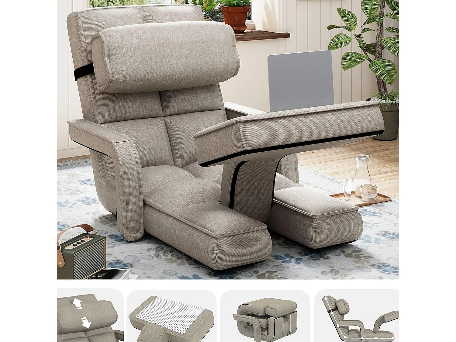 YODOLLA Verstellbarer Bodenstuhl mit Armlehnen, zusammenklappbar mit Kissen & Fußstütze für Schlafzimmer, Büro und Zuhause, Beige