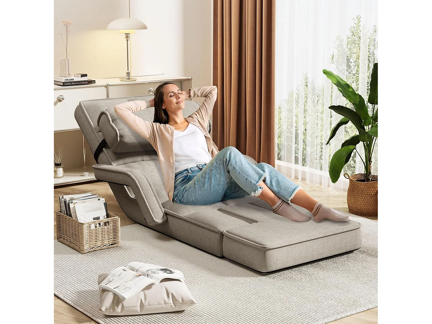 YODOLLA Verstellbarer Bodenstuhl mit Armlehnen, zusammenklappbar mit Kissen & Fußstütze für Schlafzimmer, Büro und Zuhause, Beige