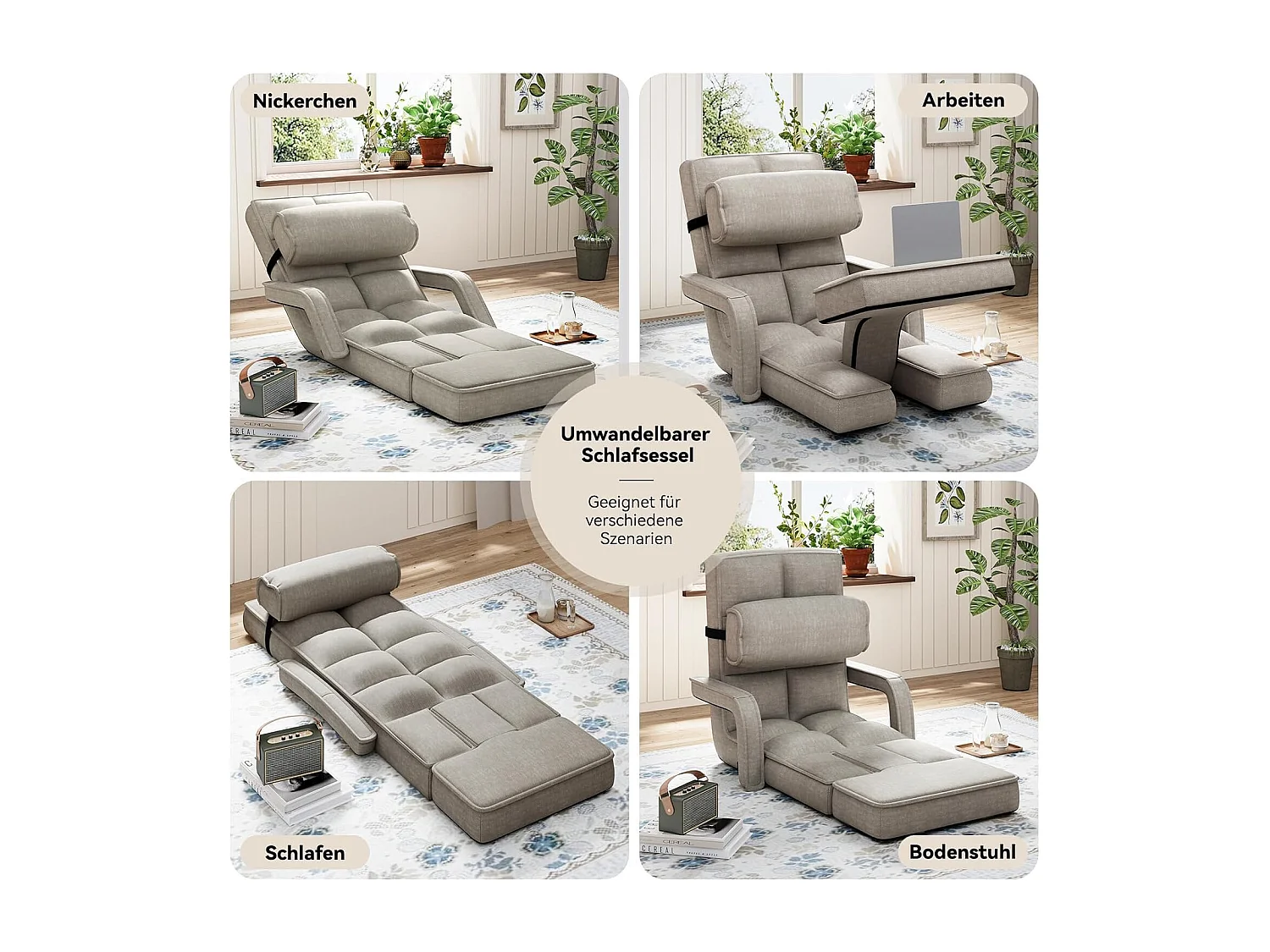 YODOLLA Verstellbarer Bodenstuhl mit Armlehnen, zusammenklappbar mit Kissen & Fußstütze für Schlafzimmer, Büro und Zuhause, Beige