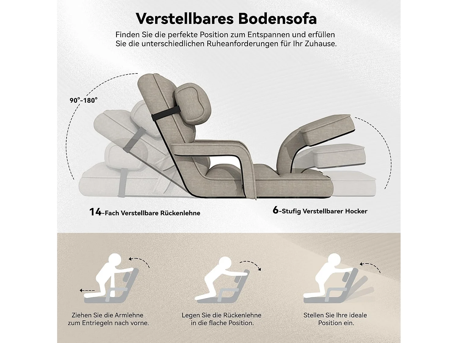 YODOLLA Verstellbarer Bodenstuhl mit Armlehnen, zusammenklappbar mit Kissen & Fußstütze für Schlafzimmer, Büro und Zuhause, Beige