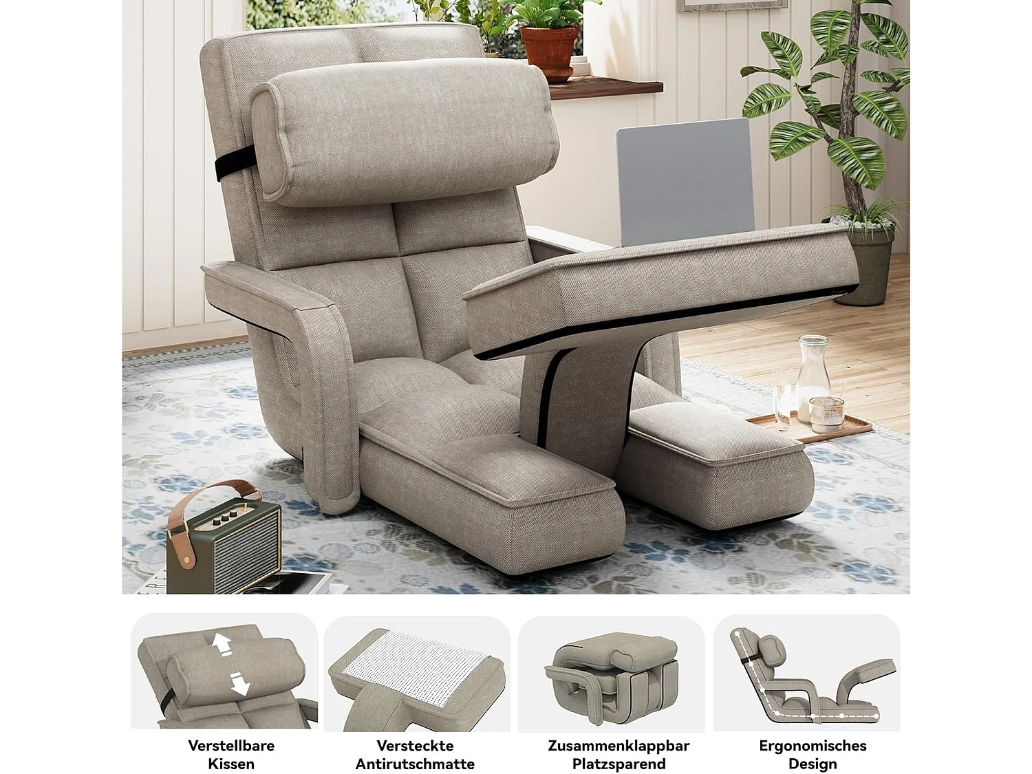 YODOLLA Verstellbarer Bodenstuhl mit Armlehnen, zusammenklappbar mit Kissen & Fußstütze für Schlafzimmer, Büro und Zuhause, Beige