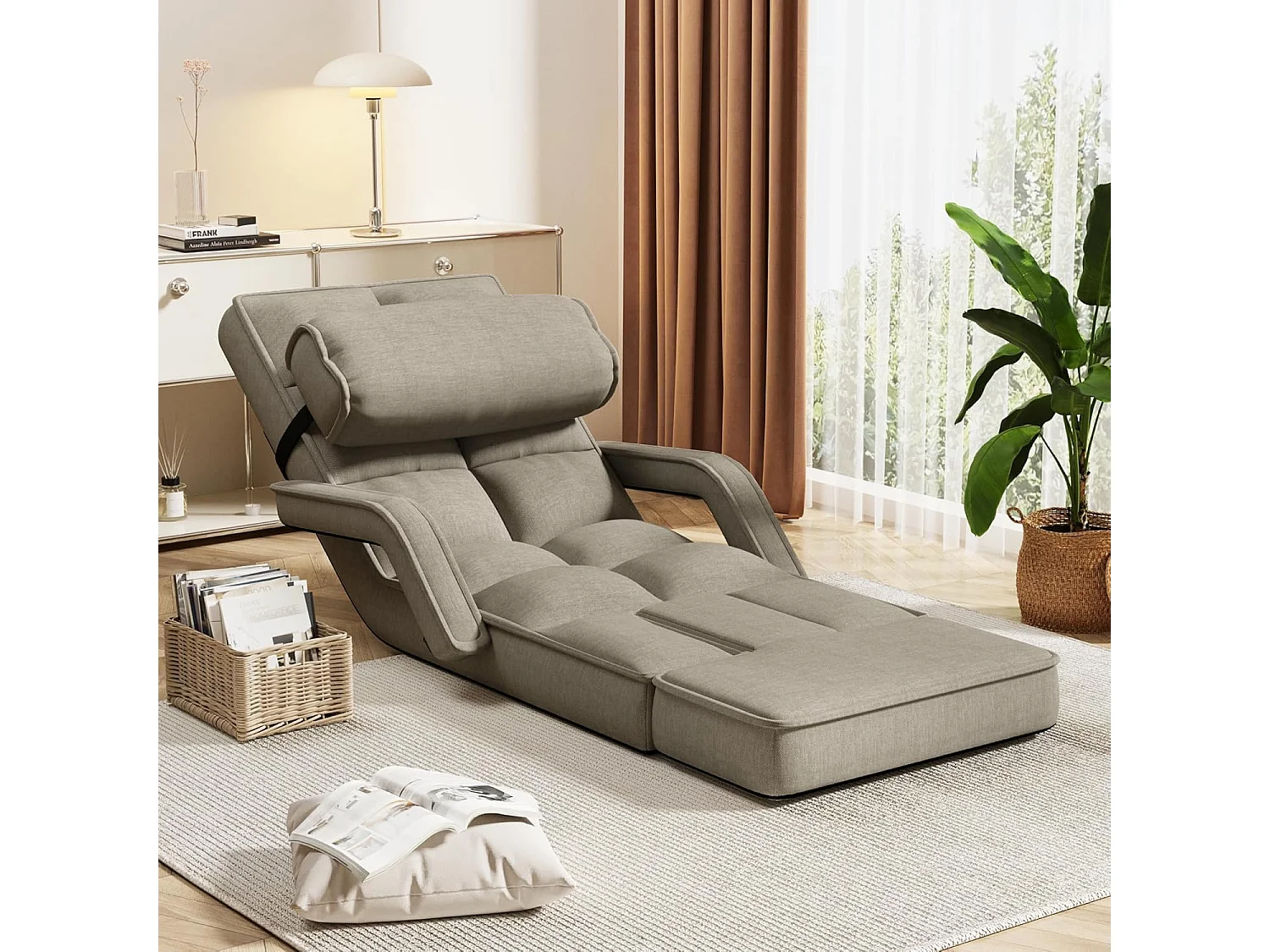 YODOLLA Verstellbarer Bodenstuhl mit Armlehnen, zusammenklappbar mit Kissen & Fußstütze für Schlafzimmer, Büro und Zuhause, Beige