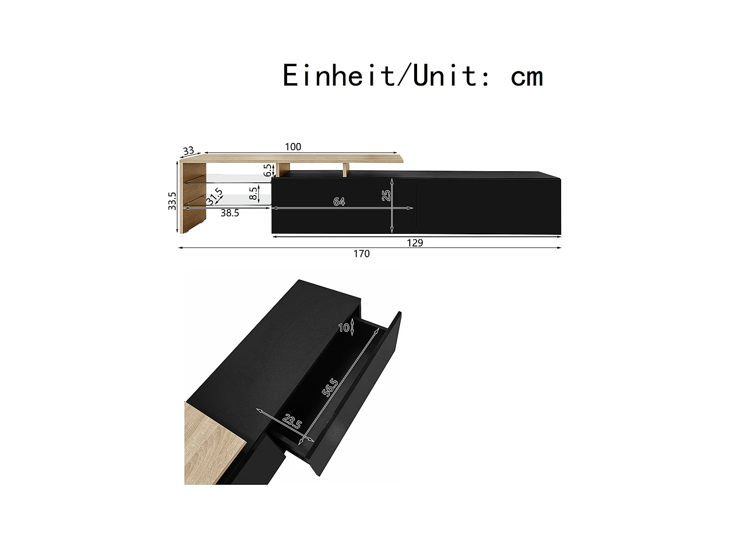Meuble TV Moderne,  Espace de Rangement Pratique, Effet Bois TV Table, étagères en Verre, LED, Noir