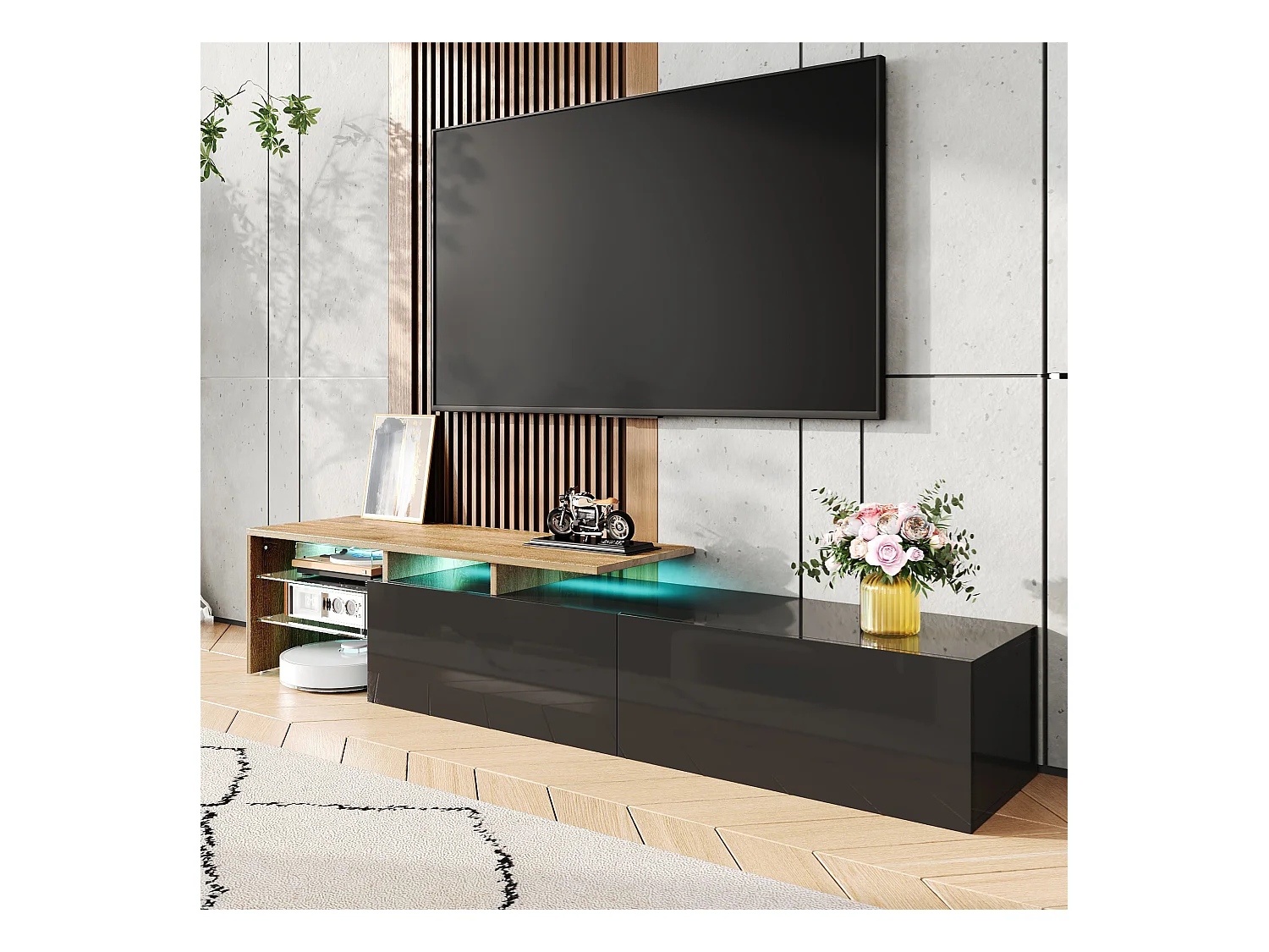 Mueble de TV moderno, práctico espacio de almacenamiento, mesa de TV con efecto madera, estantes de vidrio, LED, negro