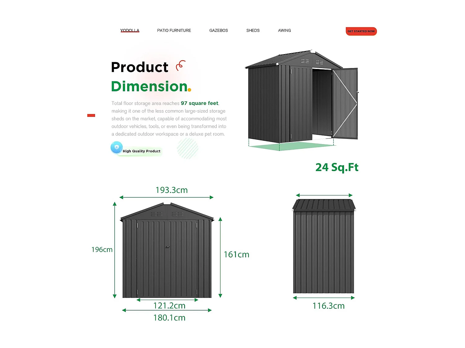 YODOLLA Metall Gerätehaus mit Satteldach,193x116x 96cm Geräteschuppen Garten Schuppen mit Lüftungsschlitzen für Fahrrad,Werkzeug,Rasenmäher,Dunkelgrau