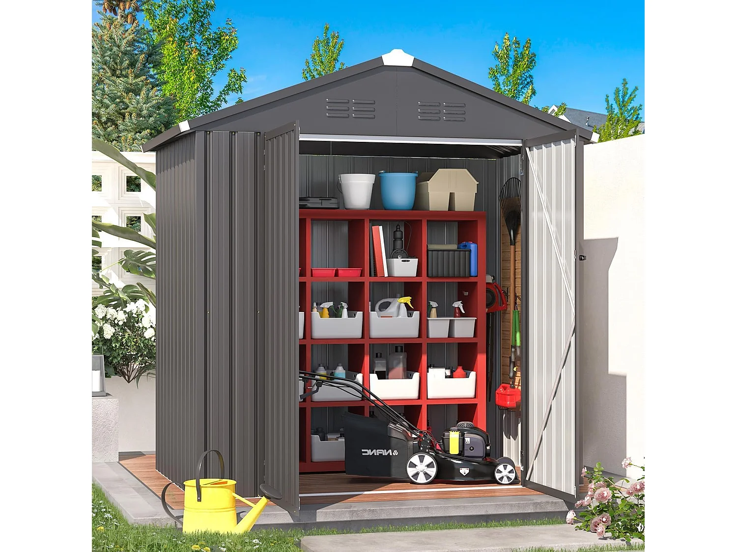 YODOLLA Metall Gerätehaus mit Satteldach,193x116x 96cm Geräteschuppen Garten Schuppen mit Lüftungsschlitzen für Fahrrad,Werkzeug,Rasenmäher,Dunkelgrau